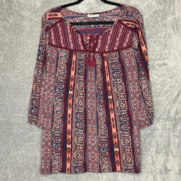 Style & Co 2X Shirt Top Maroon Red Paisley 3/4 Sleeve Keyhole Scoop Neck Womens - Picture 1 of 6